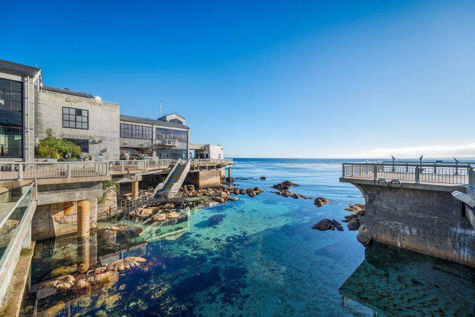 Photo of the exterior of Monterey Bay Aquarium on a pier over the Pacific Ocean