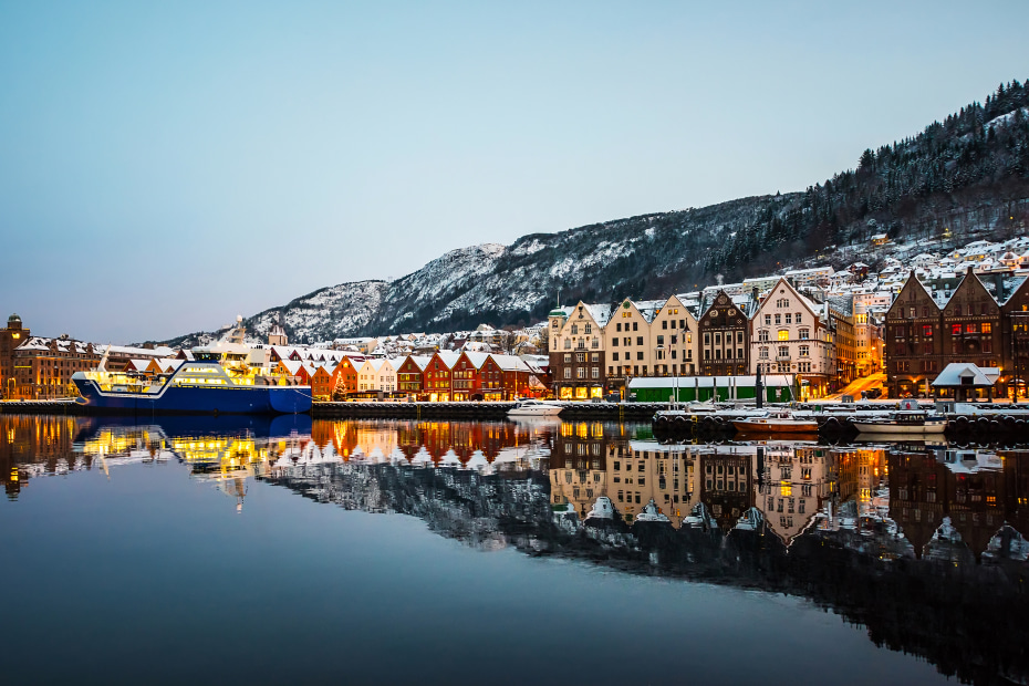 Bergen, Norway at twilight in winter.