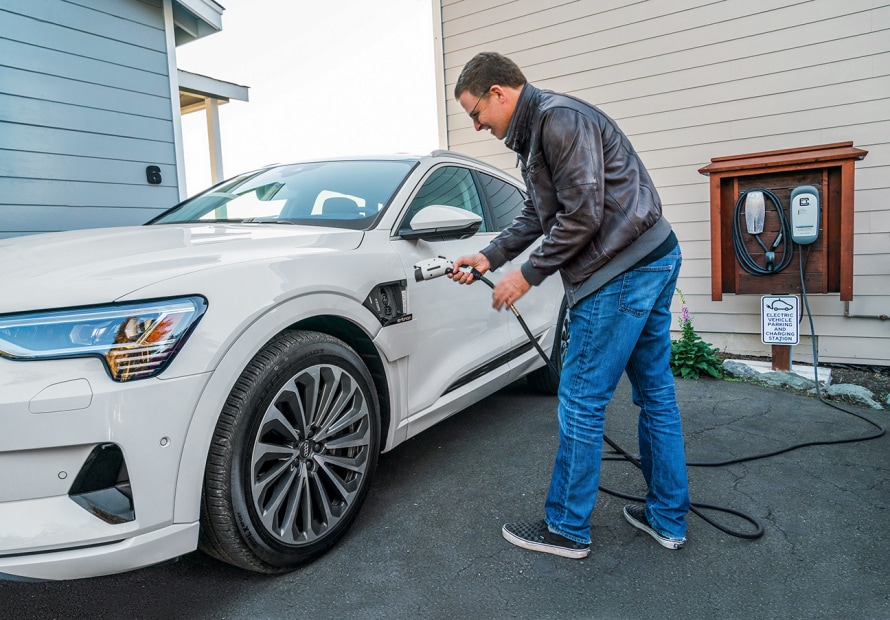 plugging the Audi E-Tron for a recharge at the Sea Rock Inn in Mendocino, California