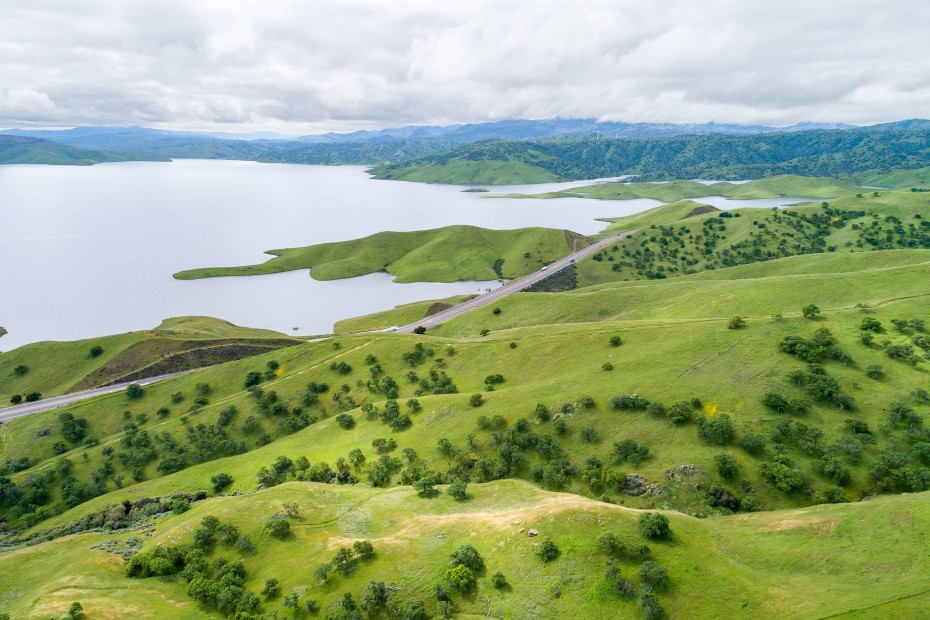 Green hills at the San Luis Reservoir State Recreation Area.