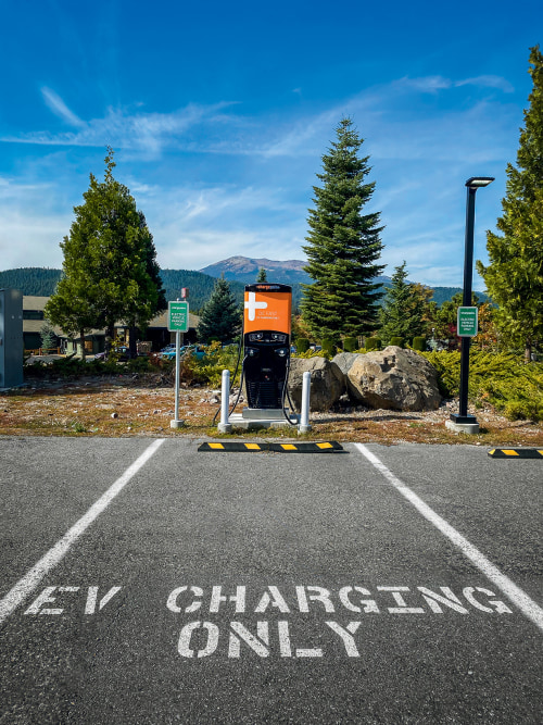 an EV charging station and parking spot in Mt. Shasta, California