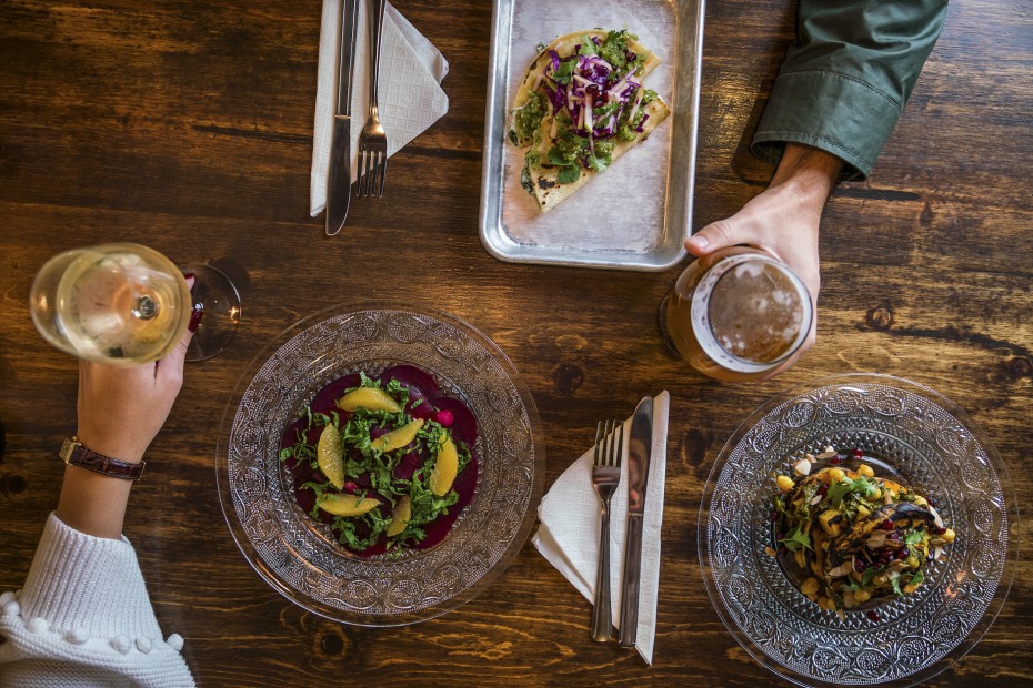 overhead view of salads, tacos and beverages served at Sutter Creek Provisions in Sutter Creek, California