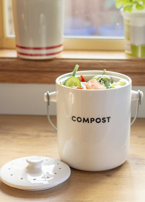 kitchen compost container with open lid on counter image
