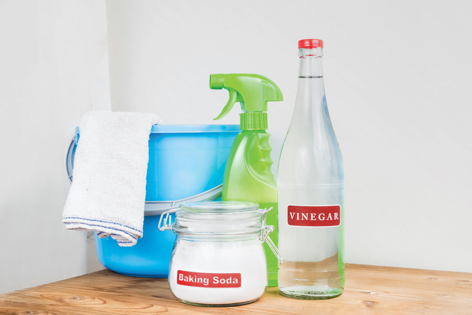 assorted green kitchen cleaners with bucket and towel