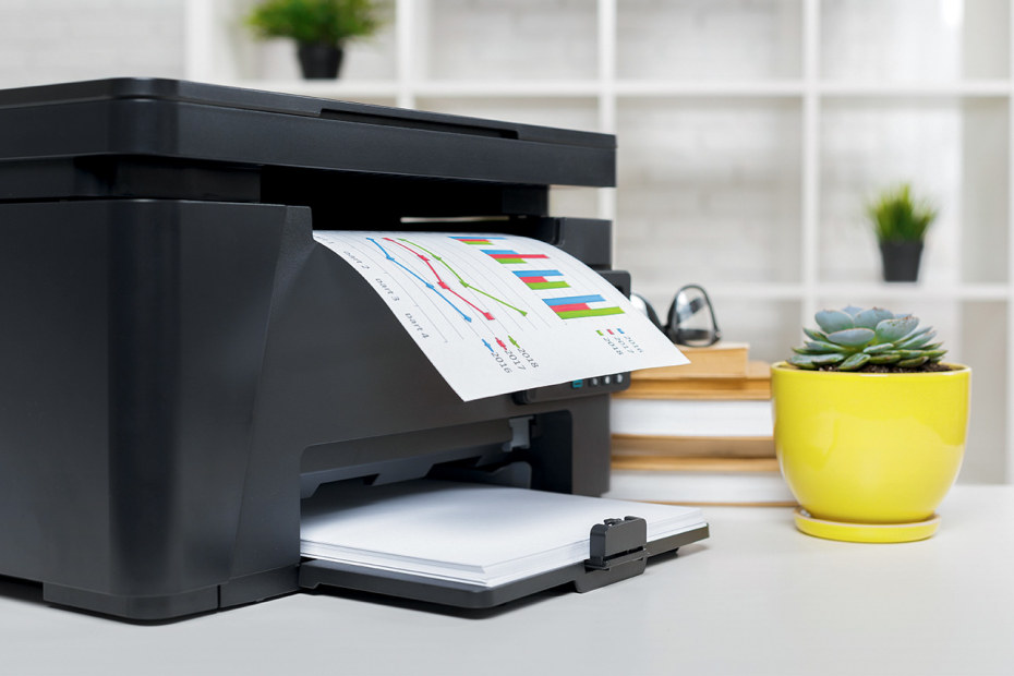 desktop printer printing colored-ink document