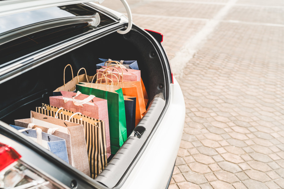 Bags neatly lined up in a car trunk.