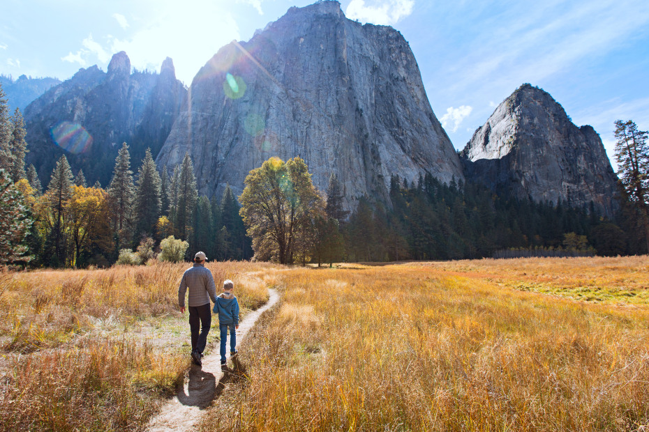 Father and son walk through Yosemite Valley.