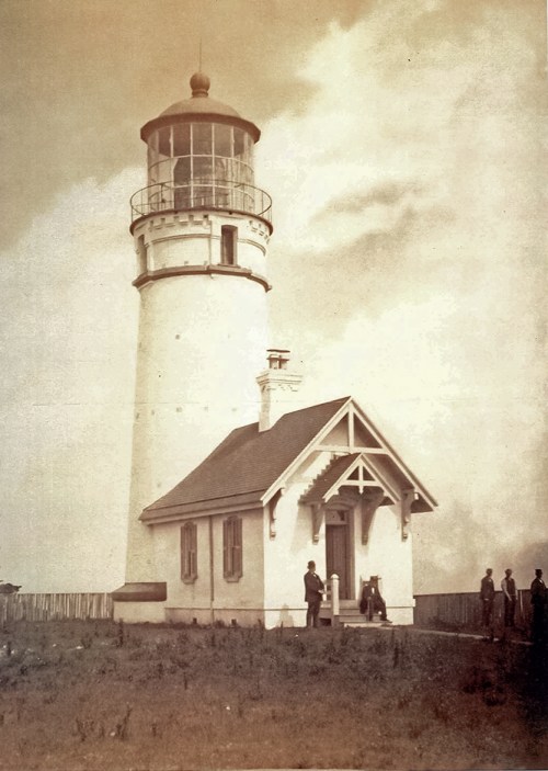 Cape Blanco lighthouse with clouds in 1871 at Port Orford, Oregon