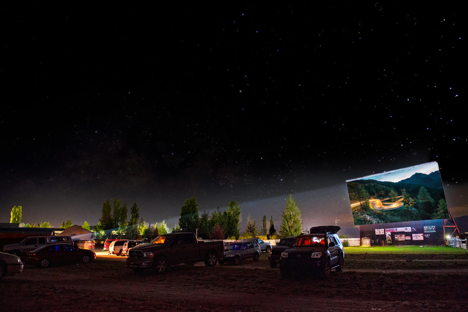 View of a movie screen and stars at The Spud Drive-In in Driggs, ID