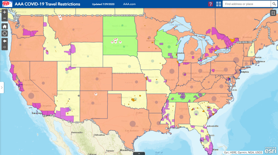 AAA TripTik Covid-19 travel restrictions map