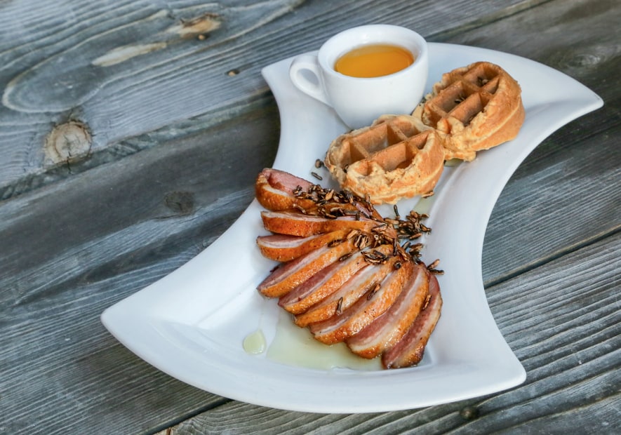 platter of smoked duck with waffles at Pueblo Harvest Cafe in the Pueblo Cultural Center, Albuquerque, New Mexico