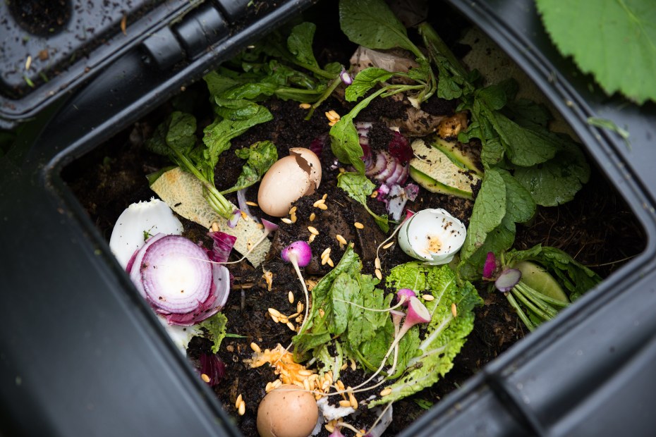 A tumbling compost bin with food scraps inside.