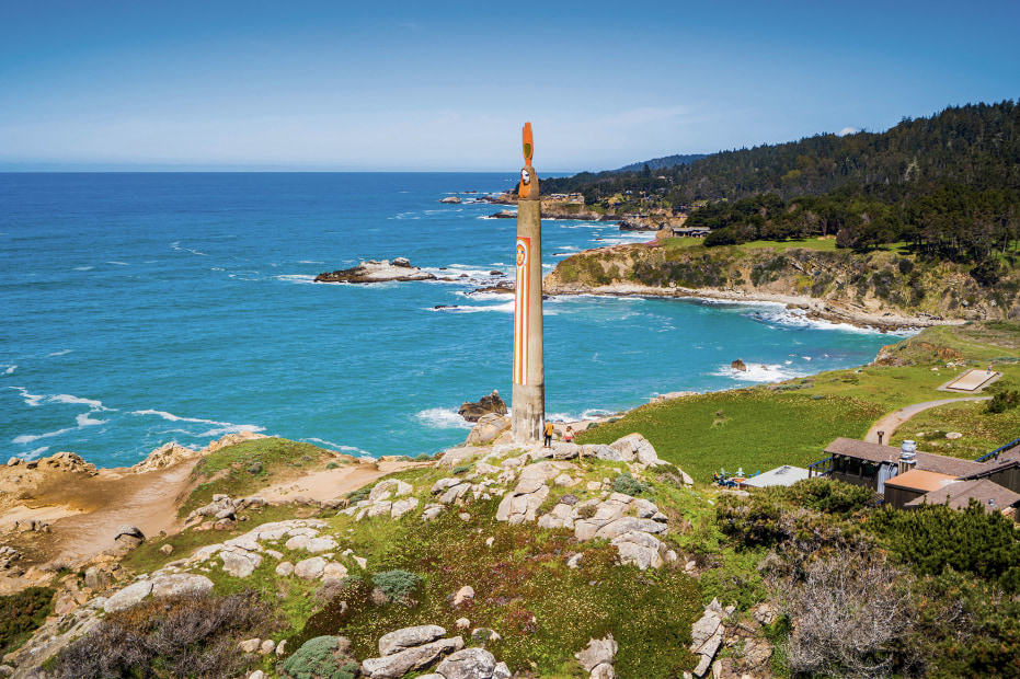 The Expanding Universe, a sculpture by Benny Bufano, stands sentinel at Timber Cove Resort in Jenner, California