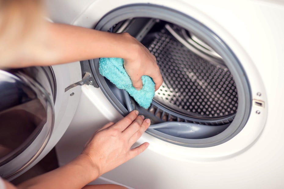 A woman cleans out the gasket on her front-loading washing machine.