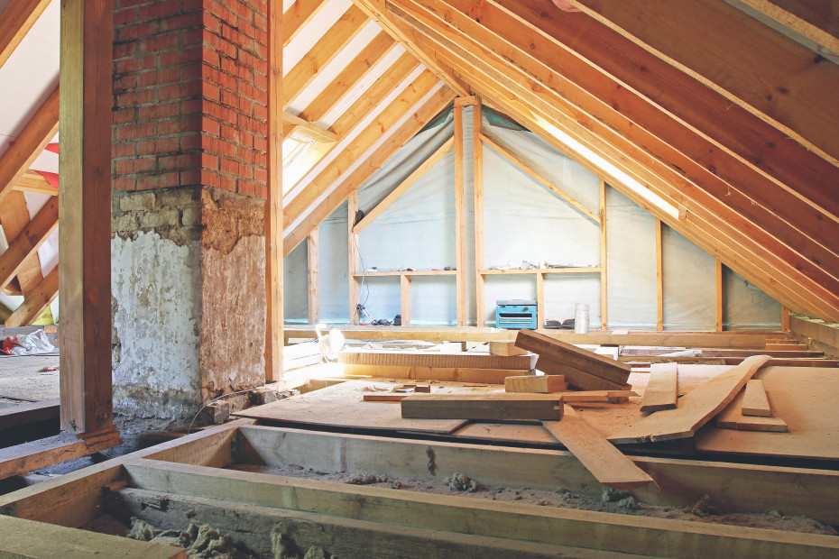 Attic being converted into living space.