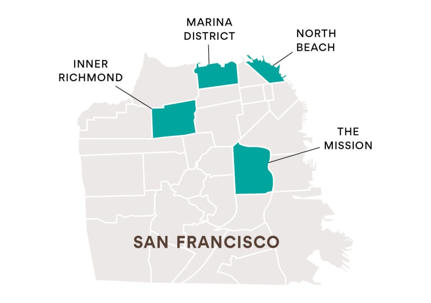 map of San Francisco highlighting the featured neighborhoods of Inner Richmond, Marina District, North Beach and The Mission