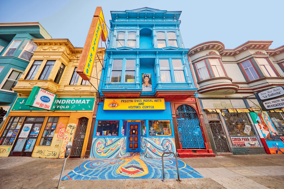 Precita Eyes Mural Arts & Visitors Center and its bright blue facade in San Francisco's Mission District