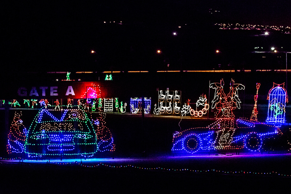 Holiday lights in the shape of a race car at Las Vegas's Las Vegas Motor Speedway Glittering Lights.