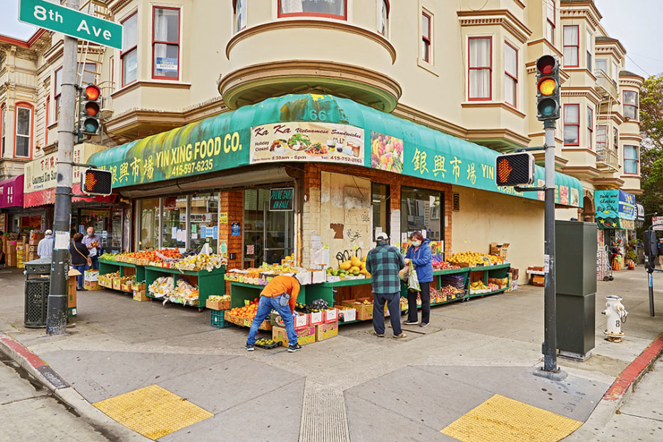 fresh produce display at entrance of Yin Xing Food Market on Clement Street in San Francisco's Inner Richmond neighborhood