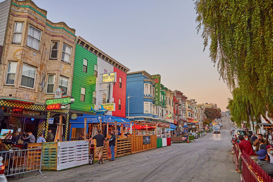 Sidewalk along Green Street transformed for outdoor eating in North Beach, San Francisco
