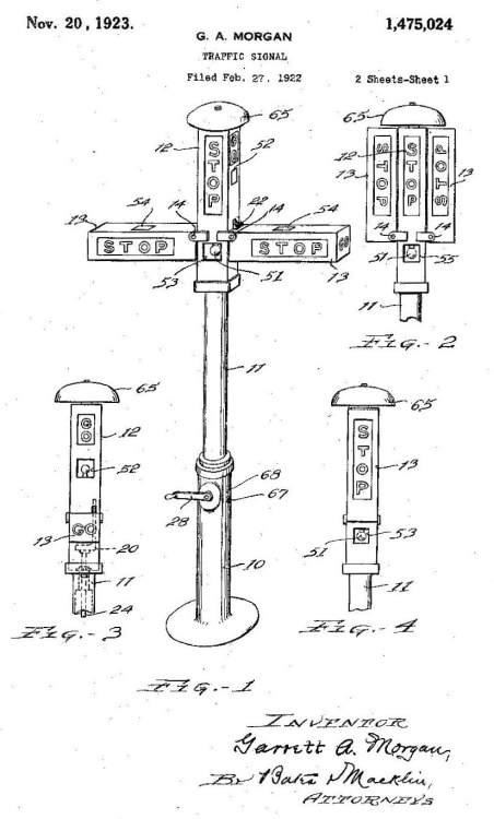 Patent drawing for Garrett Morgan's traffic signal.