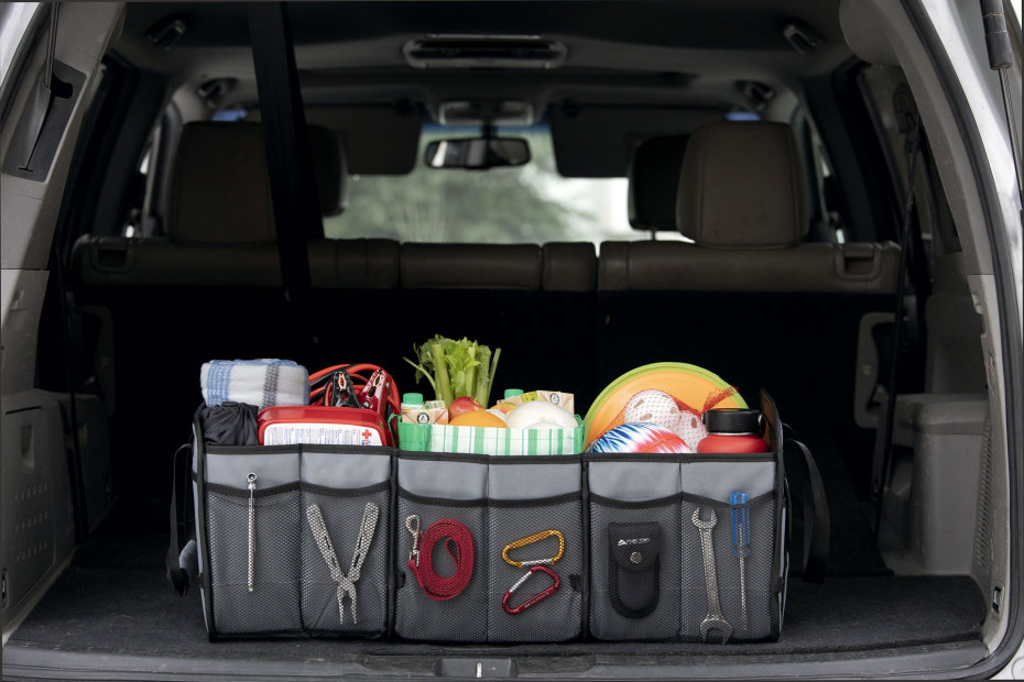 A backseat organizer holds grocery and driving essentials.