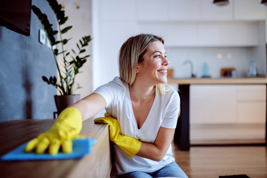 A woman dusts a tv media cabinet.