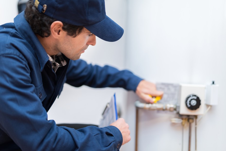 A repair person drains a hot water heater to remove buildup.