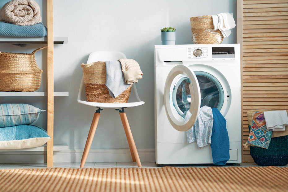 Modern laundry room with baskets.