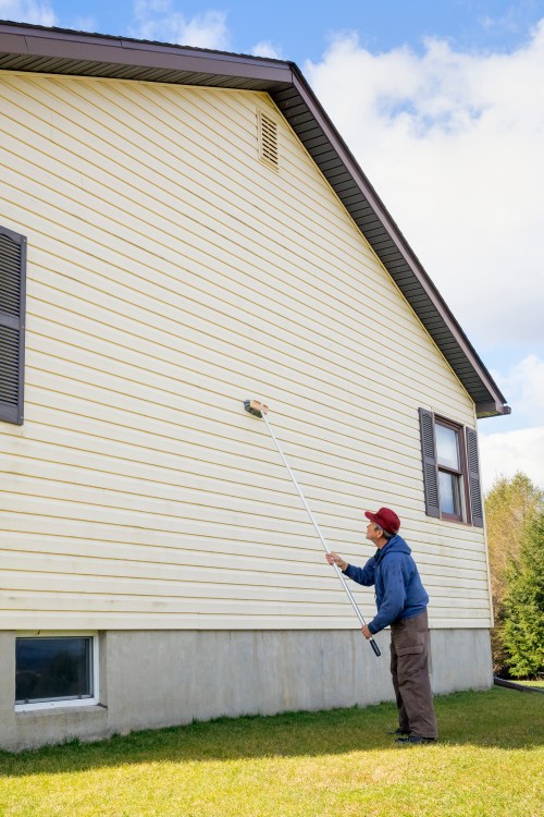 A homeowner cleans his home's siding with a soft brush and the hose.