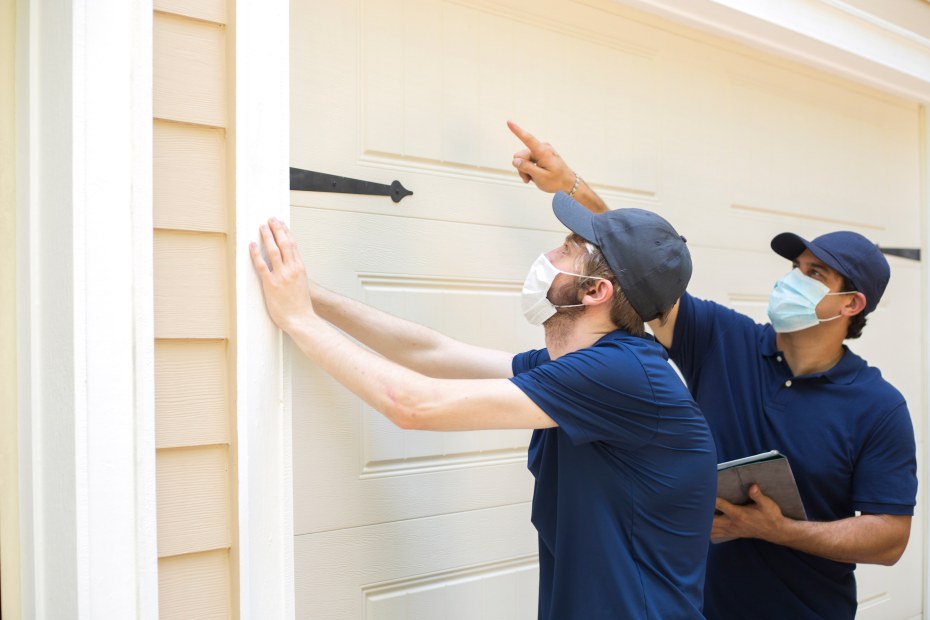 Home inspectors walk a property on the market.