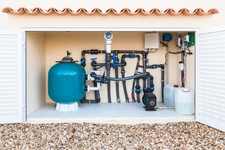 An open salt water pool pump closet.