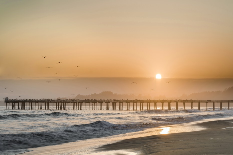 Pelicans flying over Seacliff State Beach at sundown in Aptos, Santa Cruz County, California.