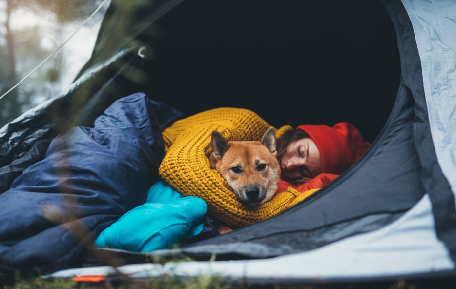A woman cuddles with her dog in her camping tent.