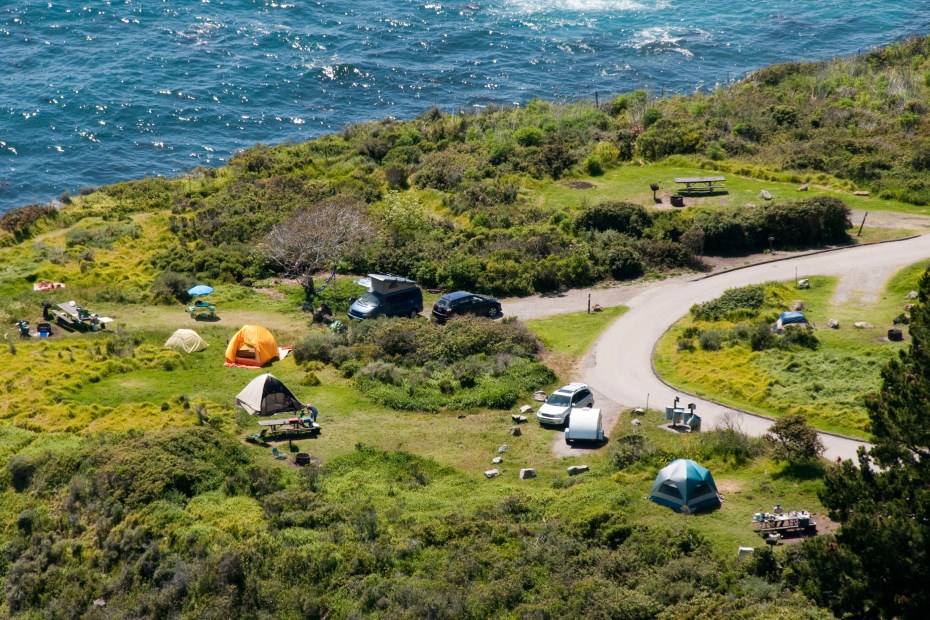 Aerial view of tents set up at Kirk Creek Campground in Los Padres National Forest near Big Sur, California.