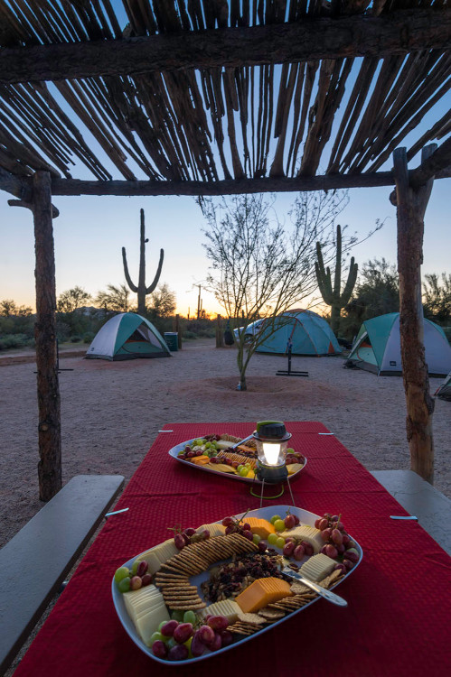 Dinner on a picnic table at McDowell Mountain Regional Park Campgrounds in Maricopa County.
