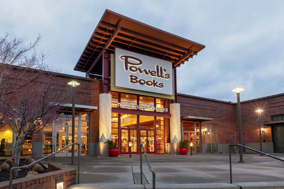 Powell's Books storefront in Beaverton, Oregon on a rainy day.