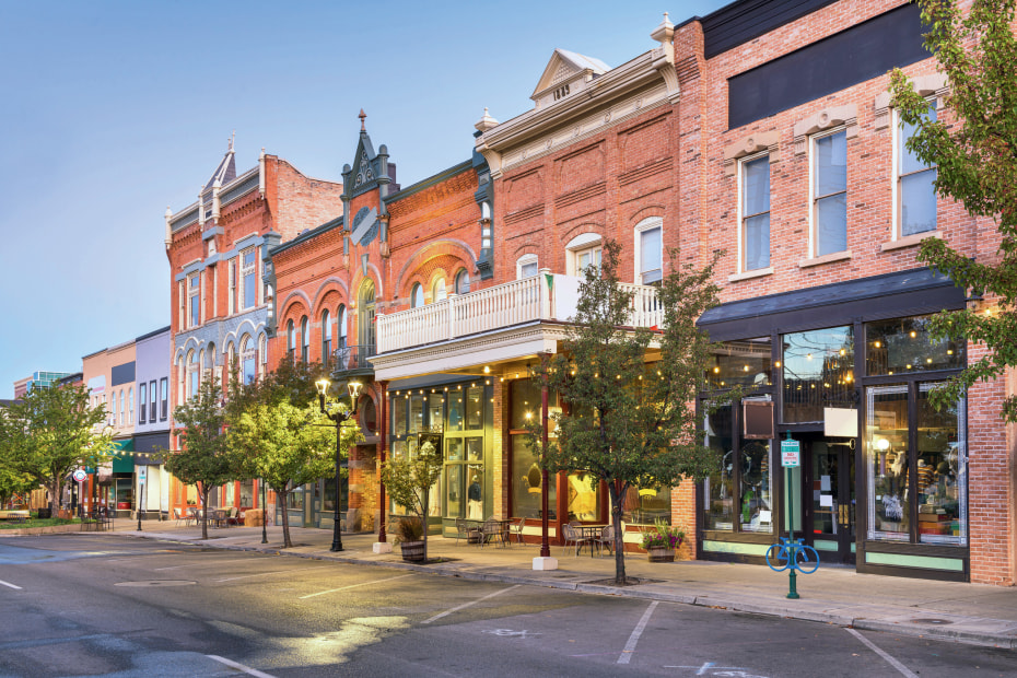 West Center Street lit up at dusk.