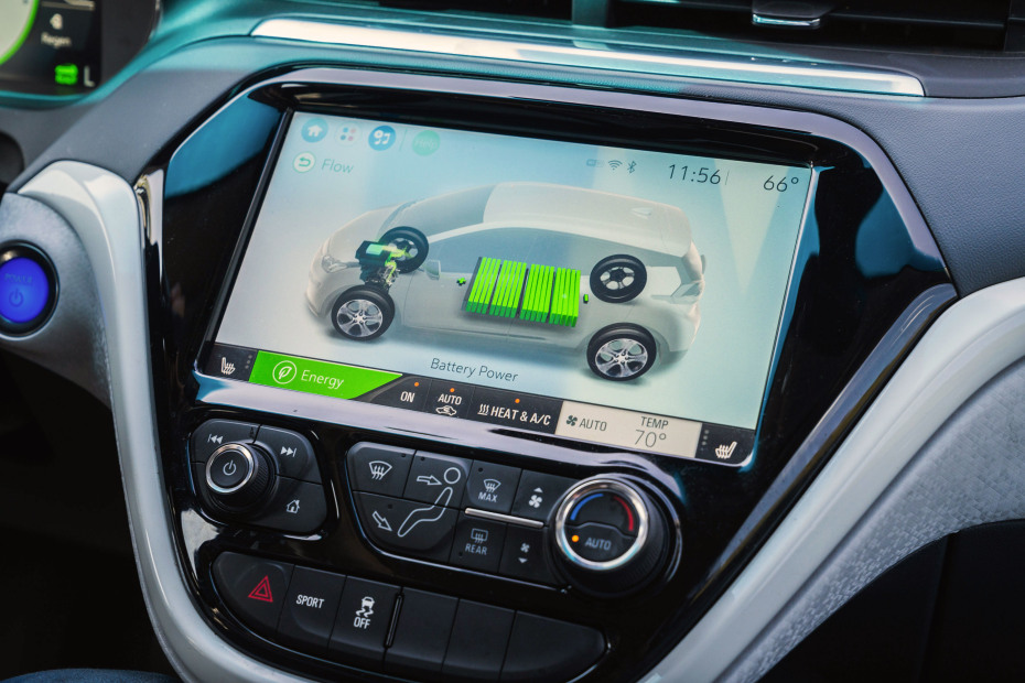 Chevy Bolt dashboard shows total battery range remaining.