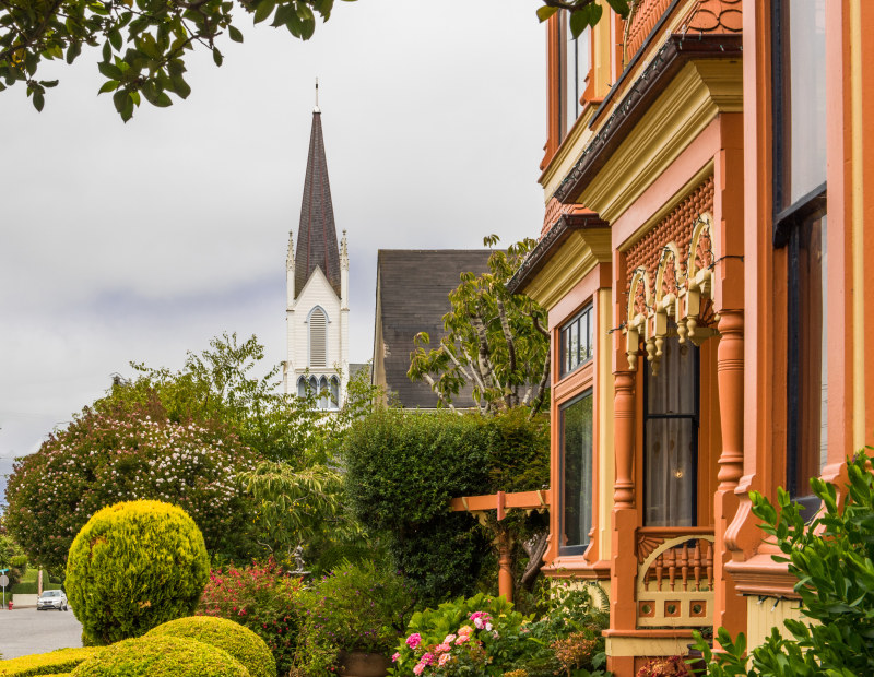 Colorful Ferdale, California buildings on a cloudy day.