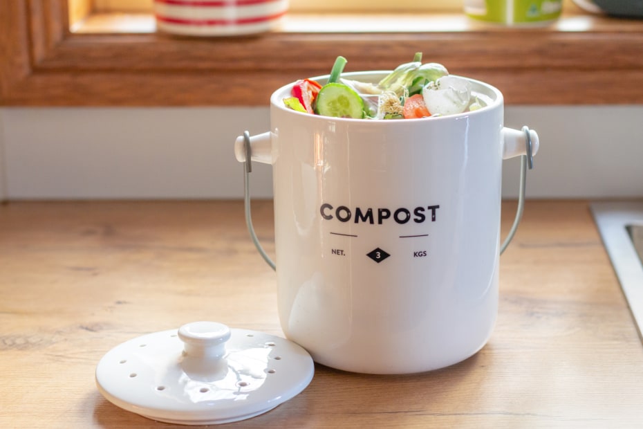 Food scraps sit on a counter in a white compost bin.