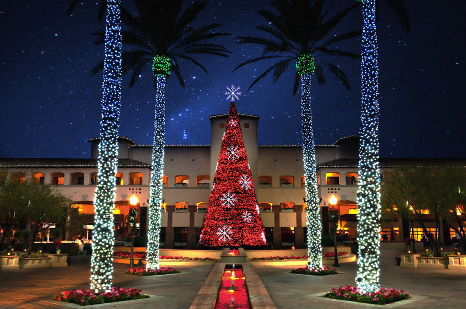 Holiday lights and decor outside of the Fairmont Scottsdale Princess Resort.