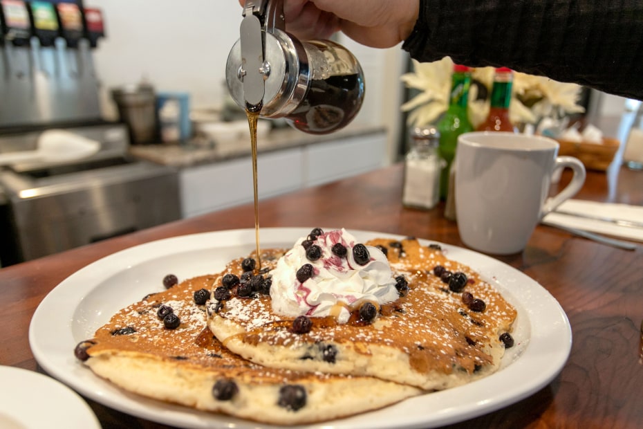 Blueberry hotcakes served at the historic Hiouchi Cafe.