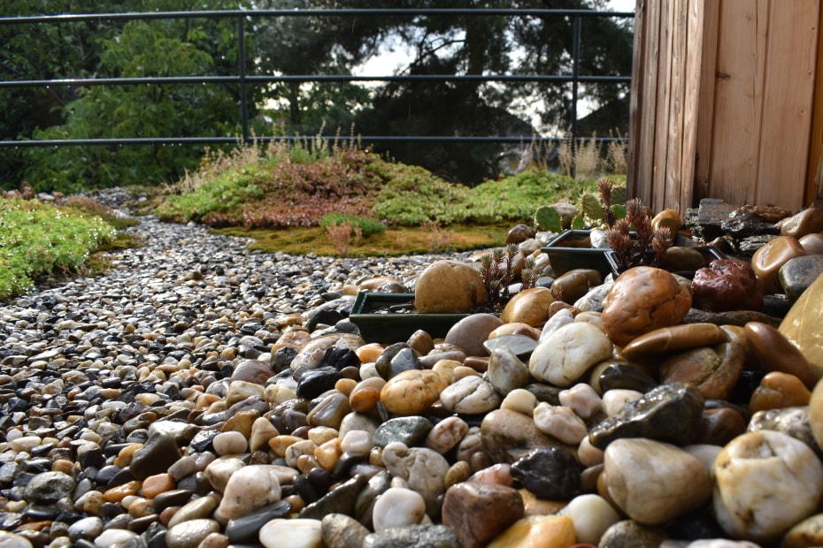A dry creek bed landscaping feature wet with rain.