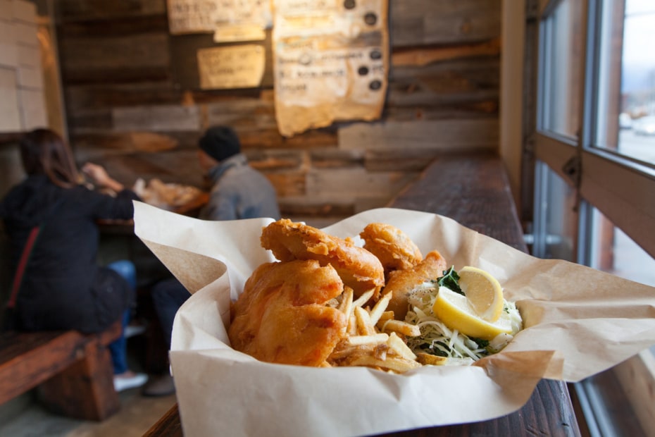 basket of salmon fish-and-chips with fried oysters and coleslaw at Fish Counter, Vancouver, British Columbia, photo