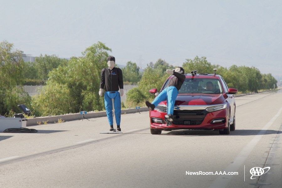 A pedestrian model crash dummy is hit by a car.
