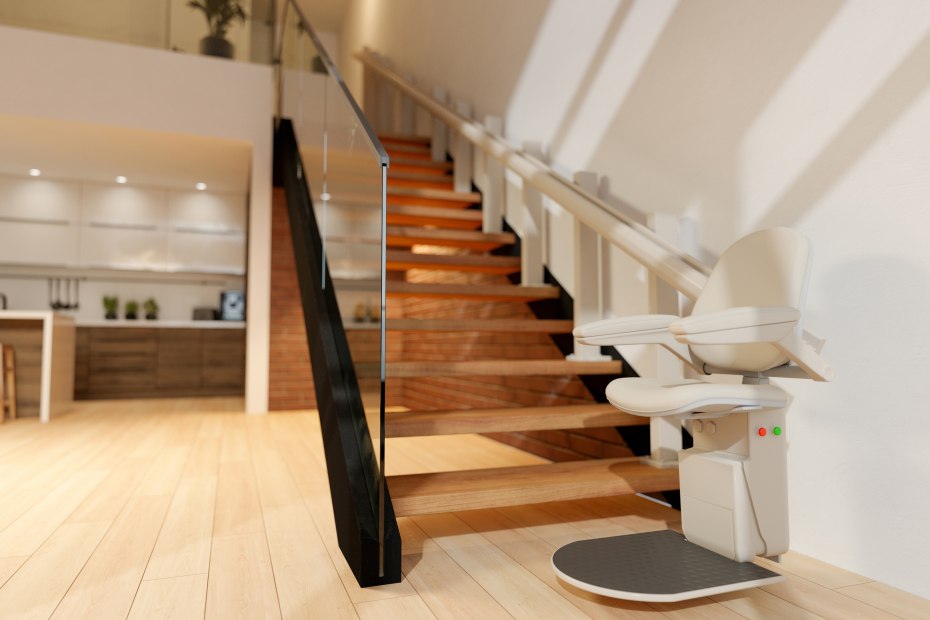 Neutral automatic stair lift on a modern staircase.