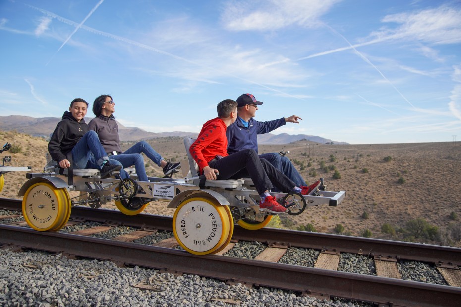 A family rides railbikes in Carson Canyon in Nevada.