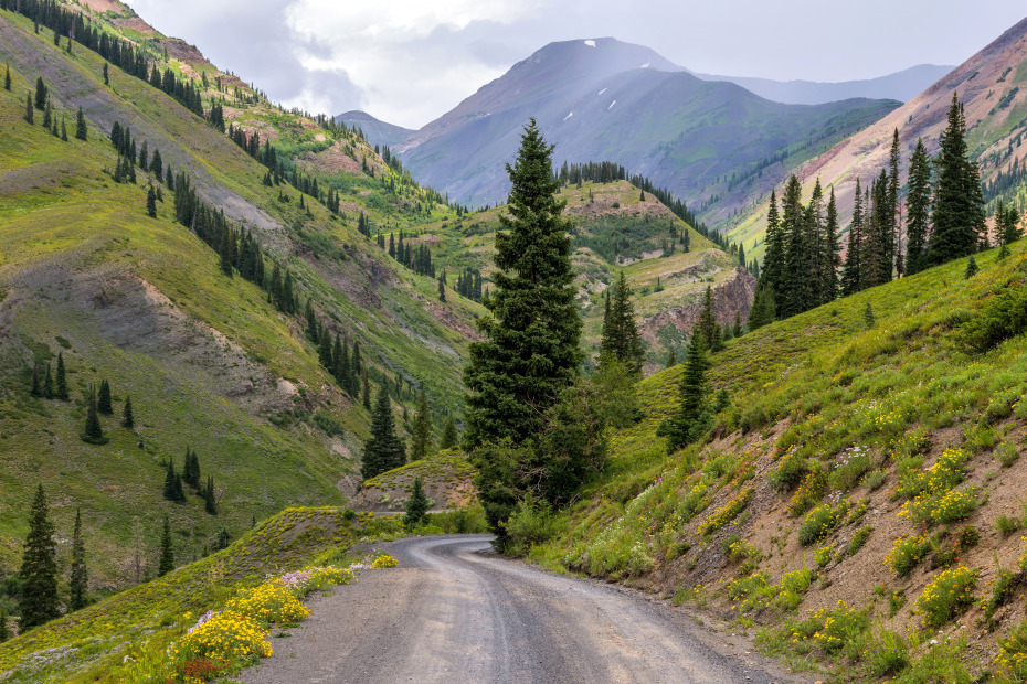 A narrow backcountry road winding in a steep canyon on a stormy summer day in Crested Butte, Colorado.