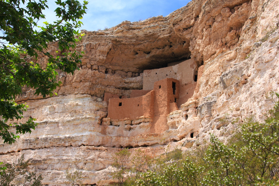 Montezuma Castle carved into a tan cliff.